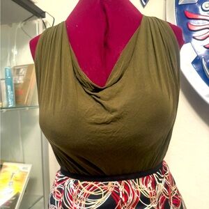 Olive Green Draped Neck Sleeveless Top - Medium/Large (Unlabeled)